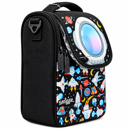Smiggle Space Astronaut Double Decker Lunchbox for Kids – Insulated School Lunch Bag with Carry Handle, Bottle Pocket & Galaxy Rocket Print – Black