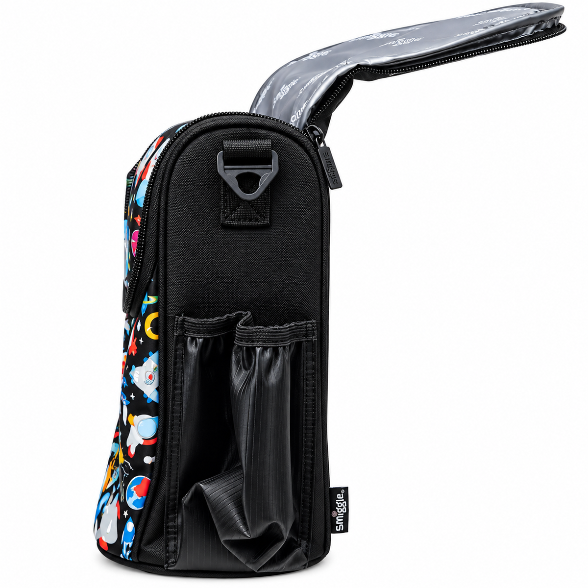Smiggle Space Astronaut Double Decker Lunchbox for Kids – Insulated School Lunch Bag with Carry Handle, Bottle Pocket & Galaxy Rocket Print – Black