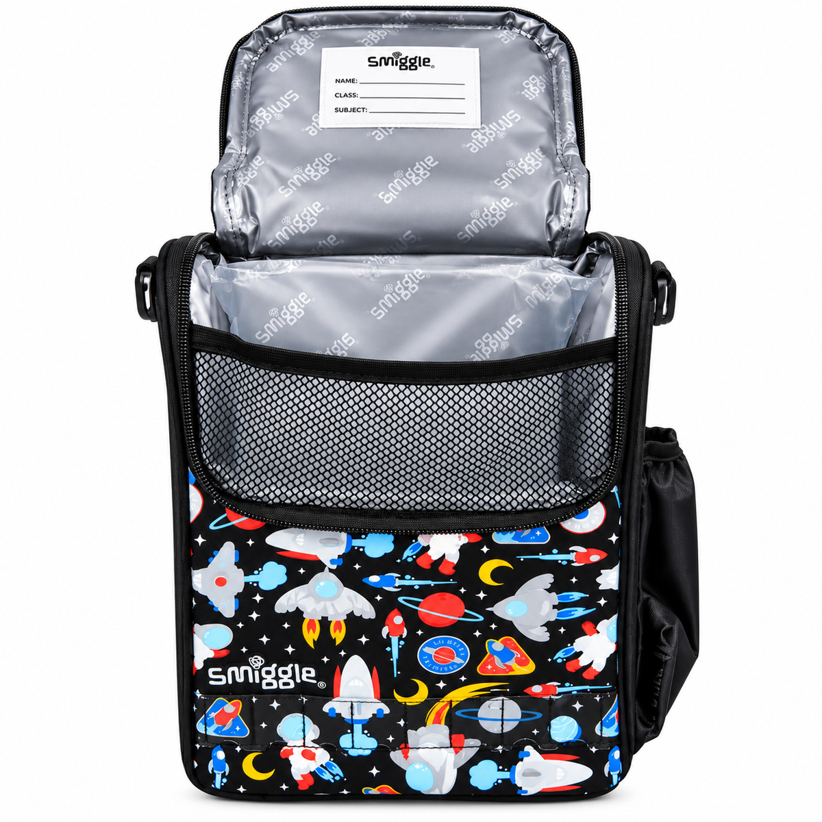 Smiggle Space Astronaut Double Decker Lunchbox for Kids – Insulated School Lunch Bag with Carry Handle, Bottle Pocket & Galaxy Rocket Print – Black