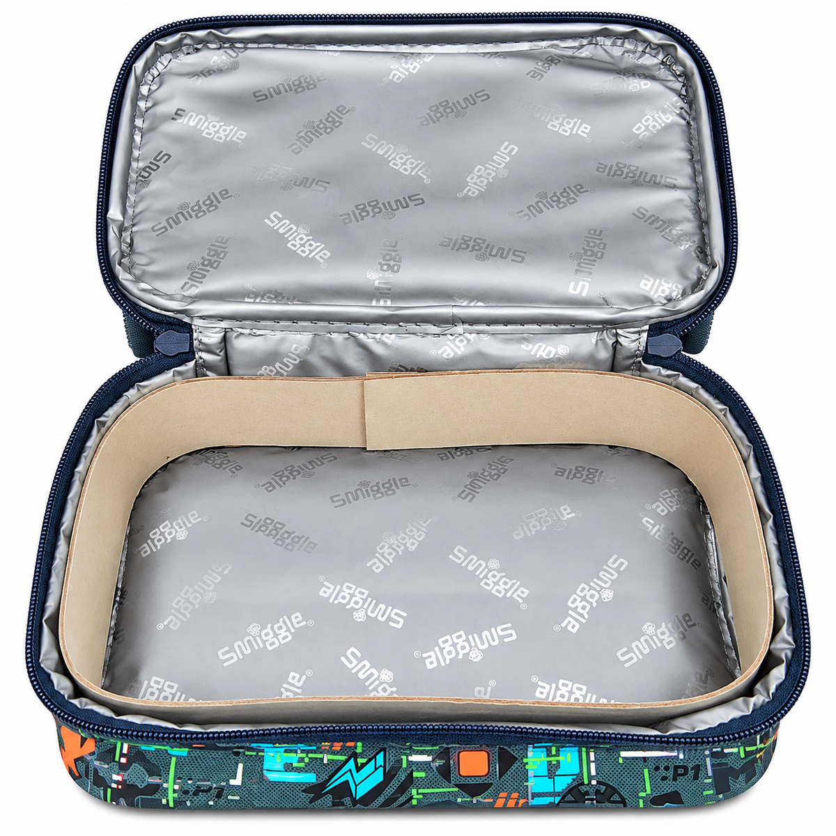 Smiggle Teeny Tiny Kids Insulated Lunch Bag – Double Zip School Lunch Box with Carry Handle & Gaming Graphic Print – Grey, Green & Blue