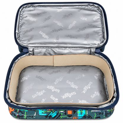 Smiggle Teeny Tiny Kids Insulated Lunch Bag – Double Zip School Lunch Box with Carry Handle & Gaming Graphic Print – Grey, Green & Blue