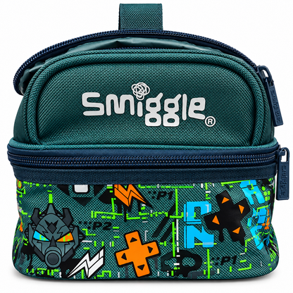 Smiggle Teeny Tiny Kids Insulated Lunch Bag – Double Zip School Lunch Box with Carry Handle & Gaming Graphic Print – Grey, Green & Blue