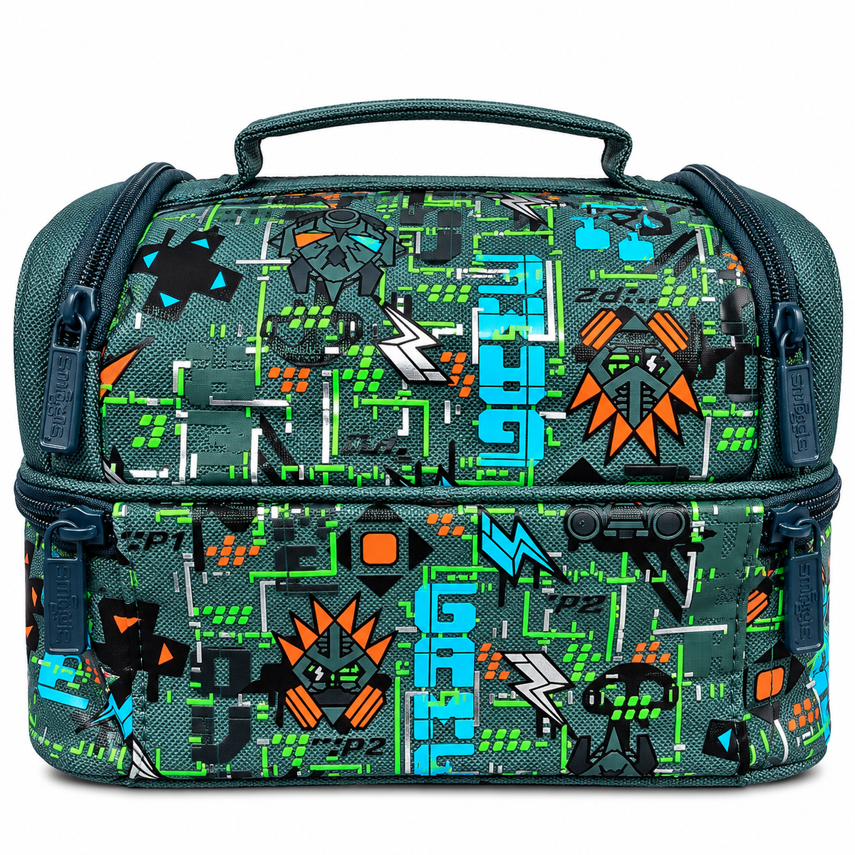 Smiggle Teeny Tiny Kids Insulated Lunch Bag – Double Zip School Lunch Box with Carry Handle & Gaming Graphic Print – Grey, Green & Blue