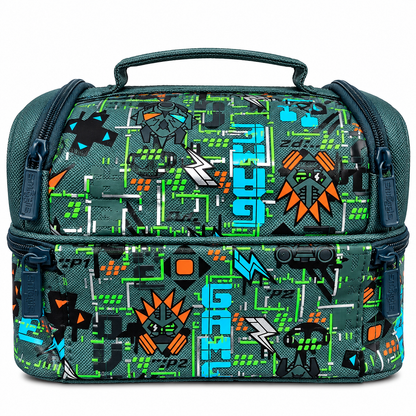 Smiggle Teeny Tiny Kids Insulated Lunch Bag – Double Zip School Lunch Box with Carry Handle & Gaming Graphic Print – Grey, Green & Blue