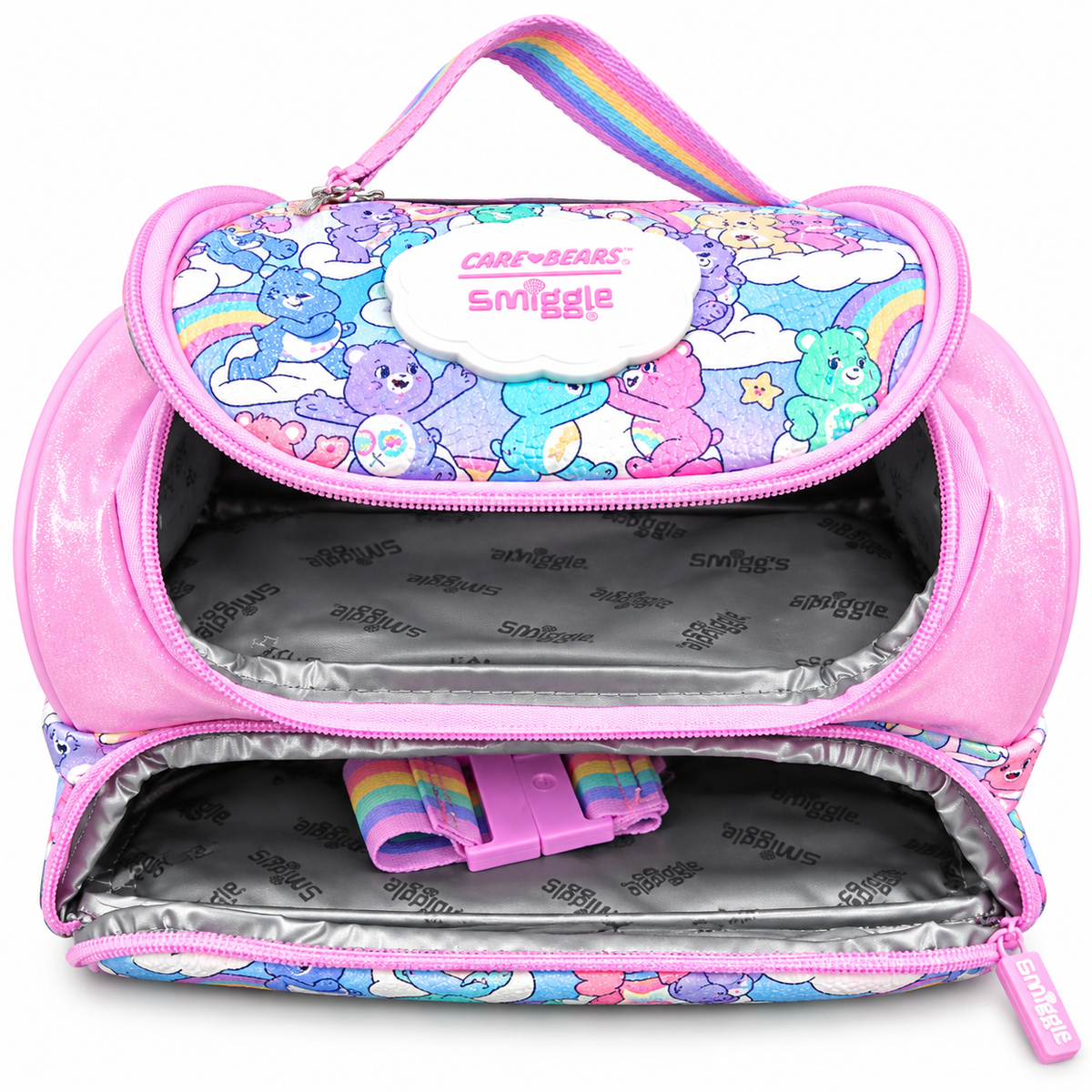 Smiggle x Care Bears Kids Insulated Lunch Bag – Double Zip School Lunch Box with Rainbow Carry Handle, Glitter Pink Finish & Colourful Character Print