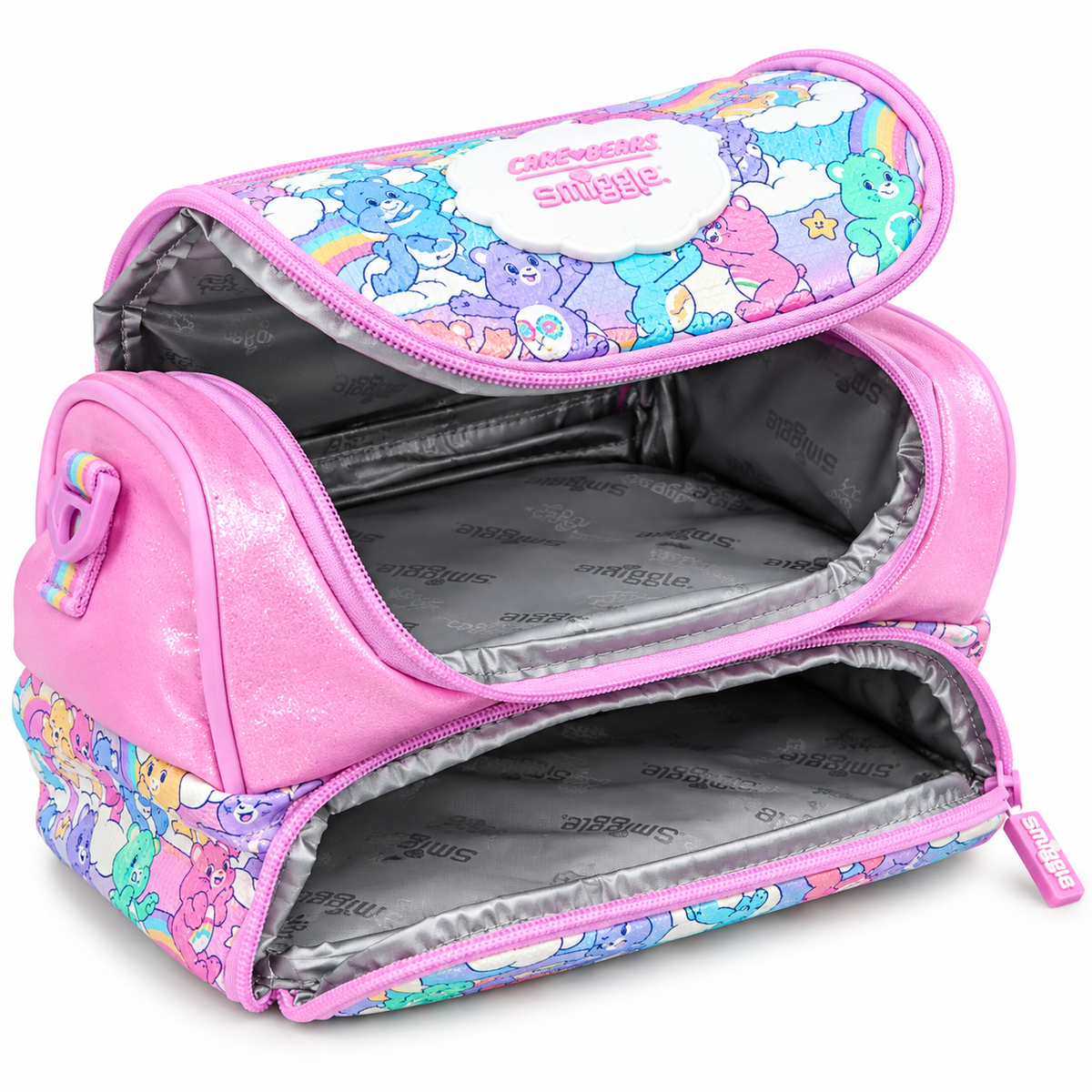 Smiggle x Care Bears Kids Insulated Lunch Bag – Double Zip School Lunch Box with Rainbow Carry Handle, Glitter Pink Finish & Colourful Character Print