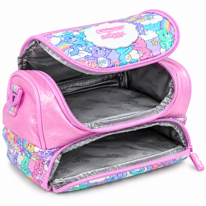 Smiggle x Care Bears Kids Insulated Lunch Bag – Double Zip School Lunch Box with Rainbow Carry Handle, Glitter Pink Finish & Colourful Character Print