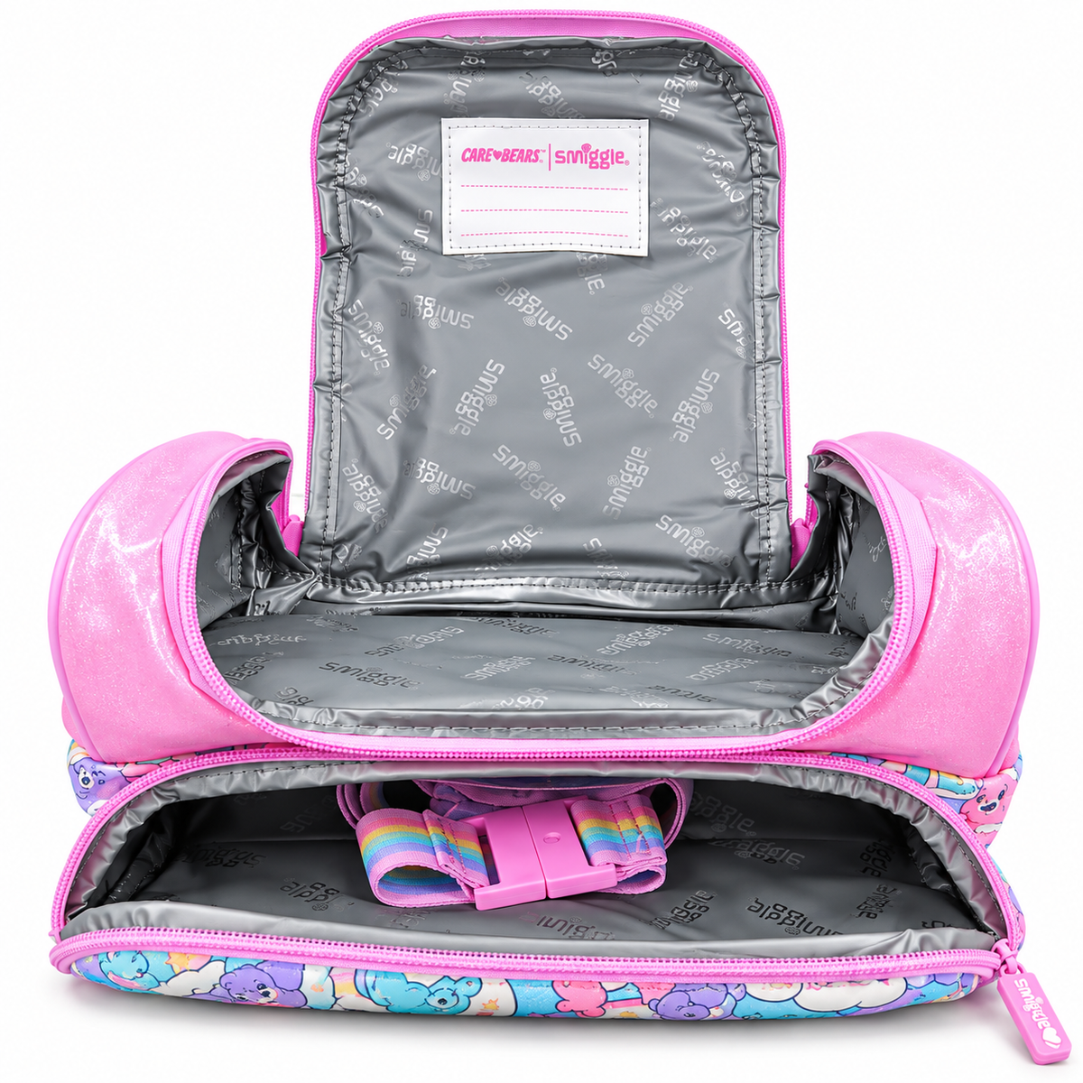Smiggle x Care Bears Kids Insulated Lunch Bag – Double Zip School Lunch Box with Rainbow Carry Handle, Glitter Pink Finish & Colourful Character Print