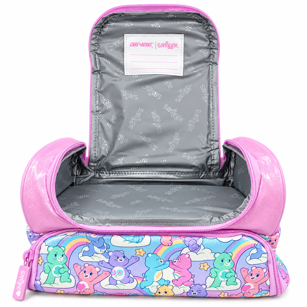 Smiggle x Care Bears Kids Insulated Lunch Bag – Double Zip School Lunch Box with Rainbow Carry Handle, Glitter Pink Finish & Colourful Character Print