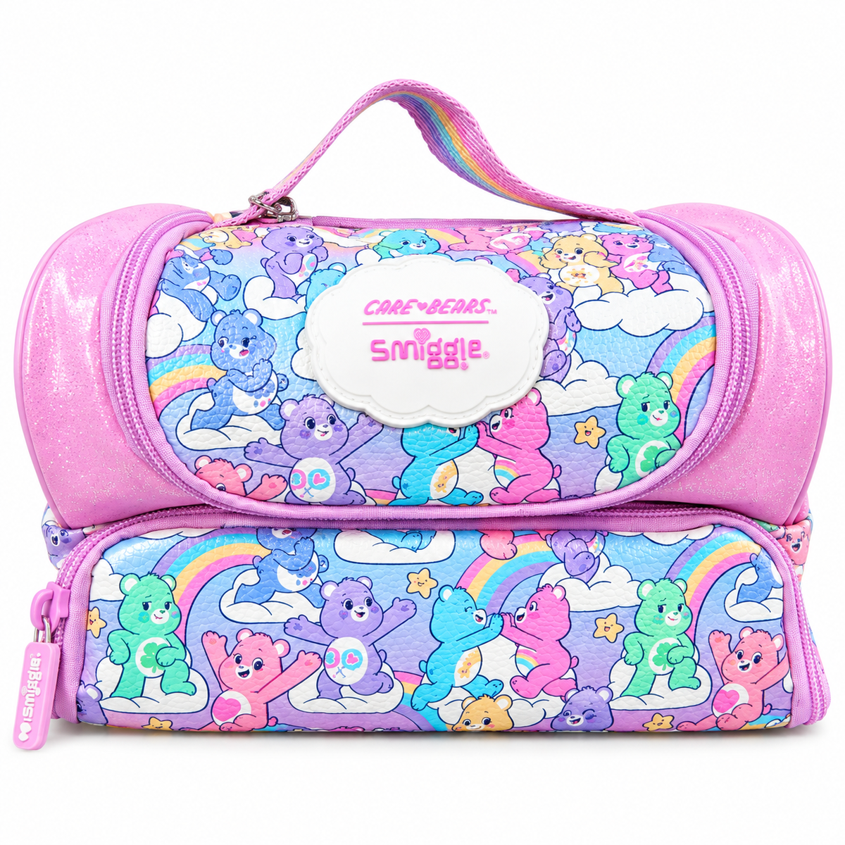 Smiggle x Care Bears Kids Insulated Lunch Bag – Double Zip School Lunch Box with Rainbow Carry Handle, Glitter Pink Finish & Colourful Character Print