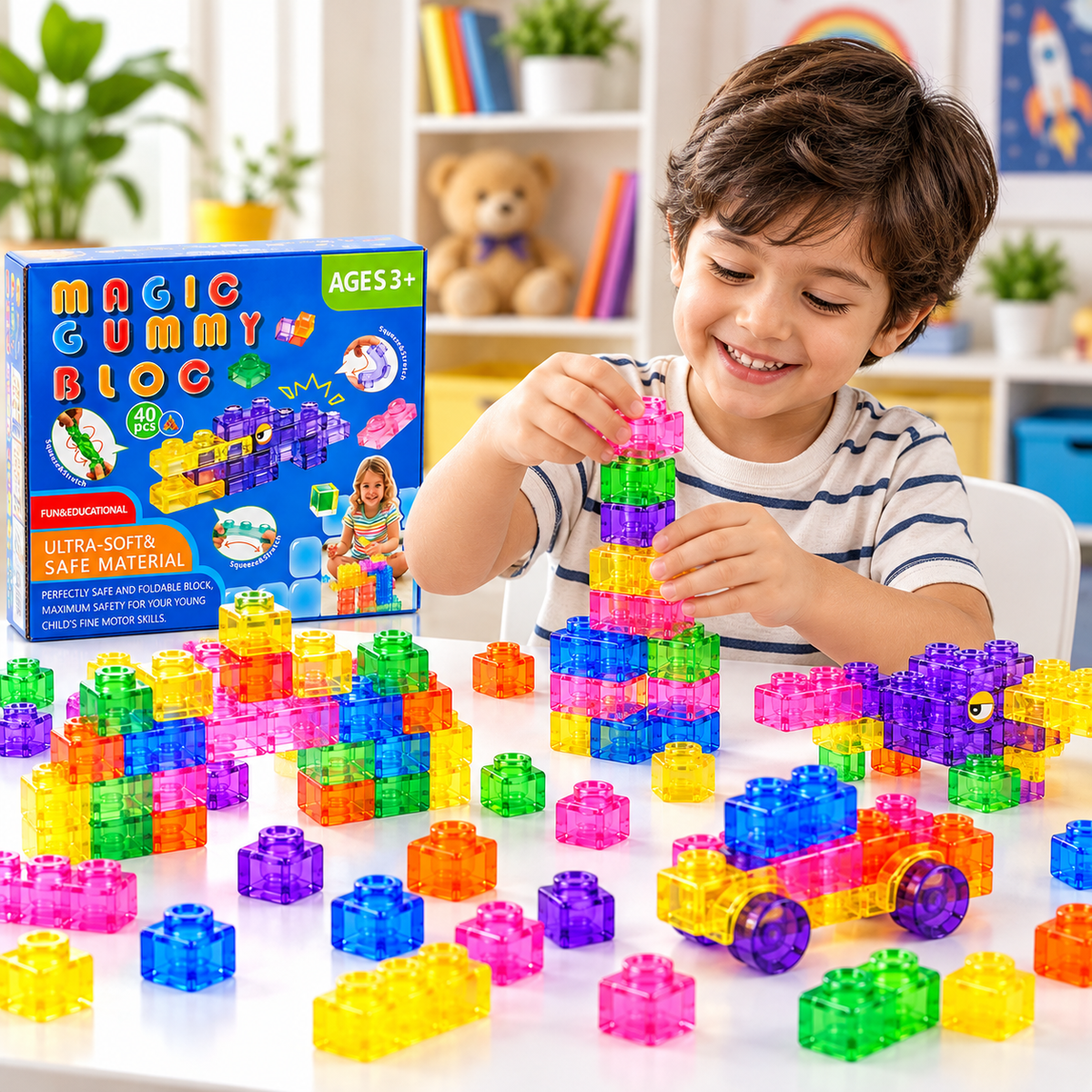 Magic Gummy Bloc 40 Pcs Soft & Flexible Building Blocks for Kids – Squeeze & Stretch Translucent Construction Toy, Creative Educational Building Set for Ages 3+