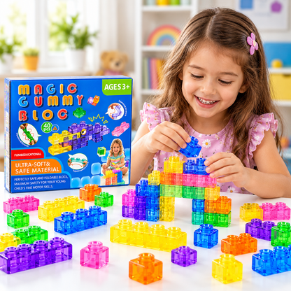 Magic Gummy Bloc 40 Pcs Soft & Flexible Building Blocks for Kids – Squeeze & Stretch Translucent Construction Toy, Creative Educational Building Set for Ages 3+