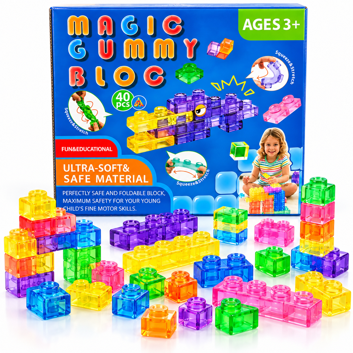Magic Gummy Bloc 40 Pcs Soft & Flexible Building Blocks for Kids – Squeeze & Stretch Translucent Construction Toy, Creative Educational Building Set for Ages 3+