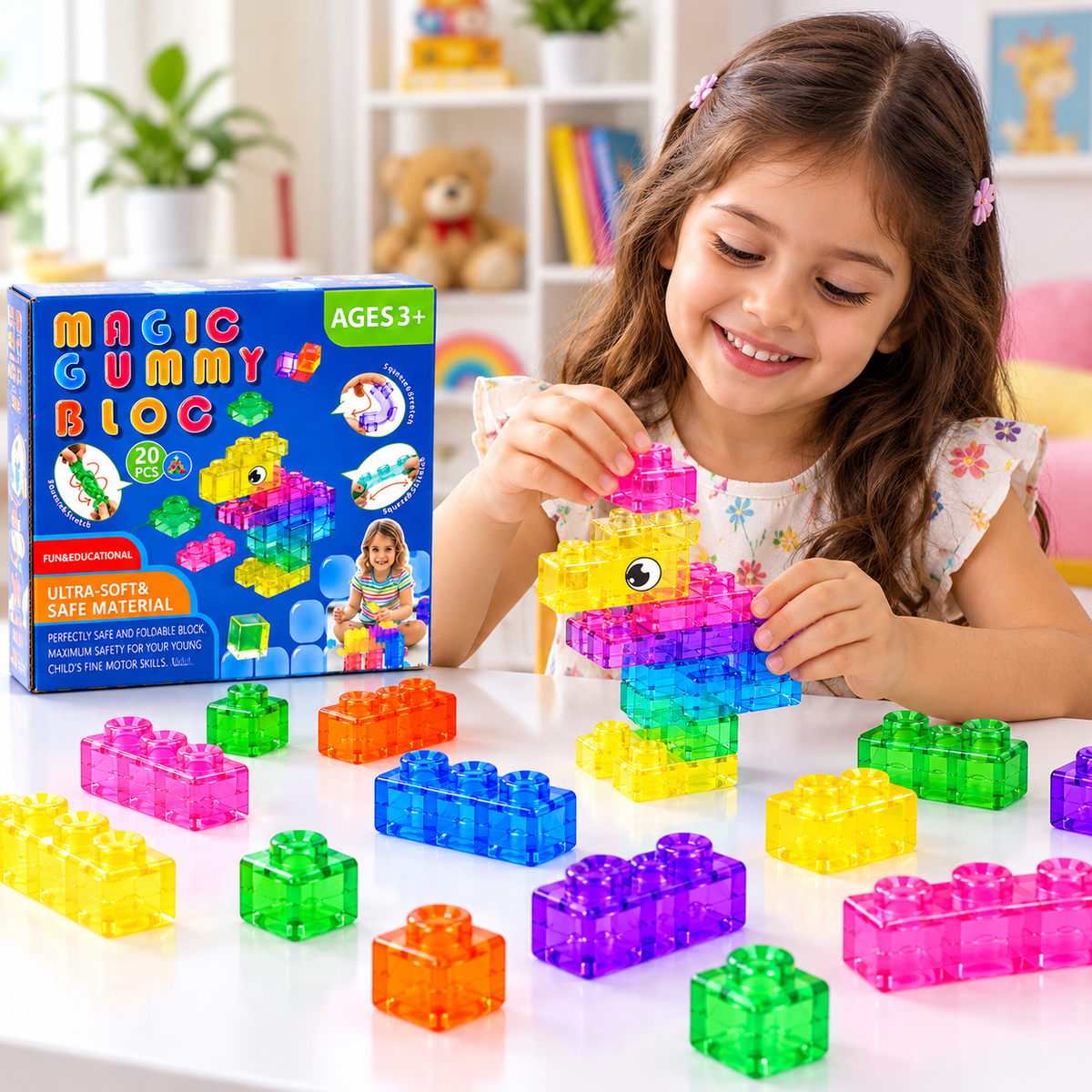 Magic Gummy Bloc 20 Pcs Soft & Flexible Building Blocks for Kids – Squeeze & Stretch Translucent Colourful Construction Blocks, Creative Educational Sensory Building Toy for Boys & Girls Ages 3+