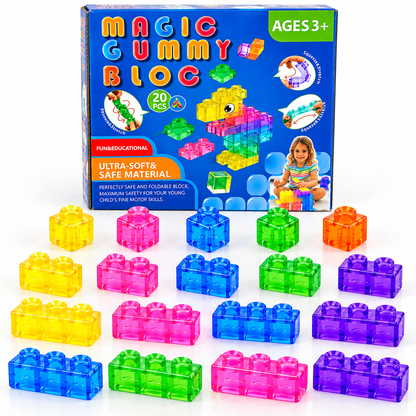Magic Gummy Bloc 20 Pcs Soft & Flexible Building Blocks for Kids – Squeeze & Stretch Translucent Colourful Construction Blocks, Creative Educational Sensory Building Toy for Boys & Girls Ages 3+