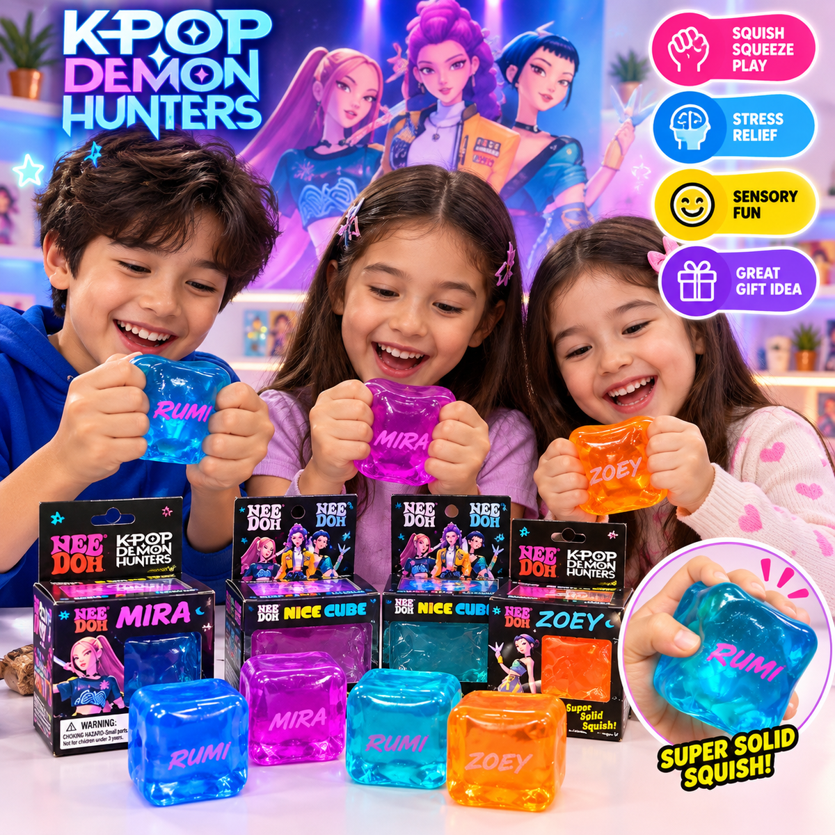 K-Pop Demon Hunters NeeDoh Nice Cube Squishy Toy – Super Solid Sensory Stress Relief Fidget Toy for Kids & Collectors, Assorted Character & Colour – 1 Random Pcs