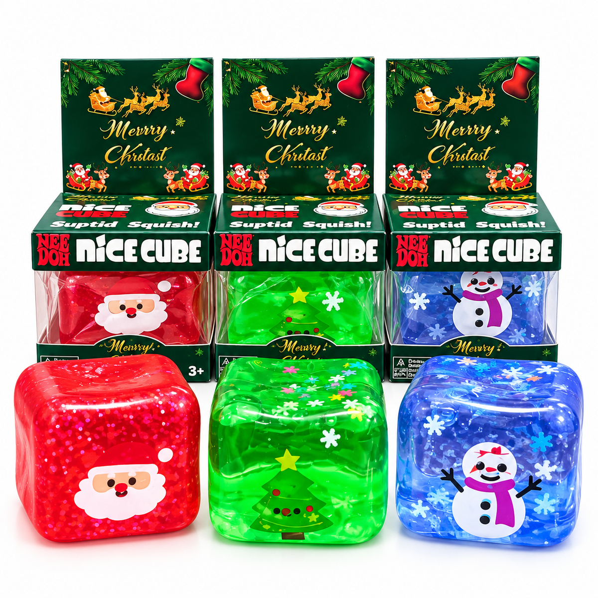 Christmas Nice Cube Squishy Stress Relief Toy for Kids – Santa & Snowman Glitter Sensory Squeeze Fidget Toy, Soft Hand Squishy Christmas Gift – Random Design, 1 Pc