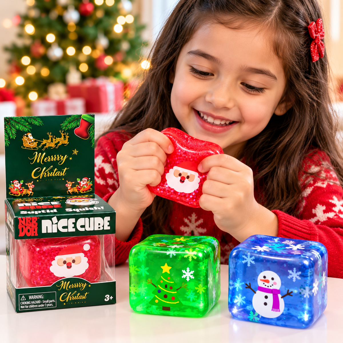 Christmas Nice Cube Squishy Stress Relief Toy for Kids – Santa & Snowman Glitter Sensory Squeeze Fidget Toy, Soft Hand Squishy Christmas Gift – Random Design, 1 Pc