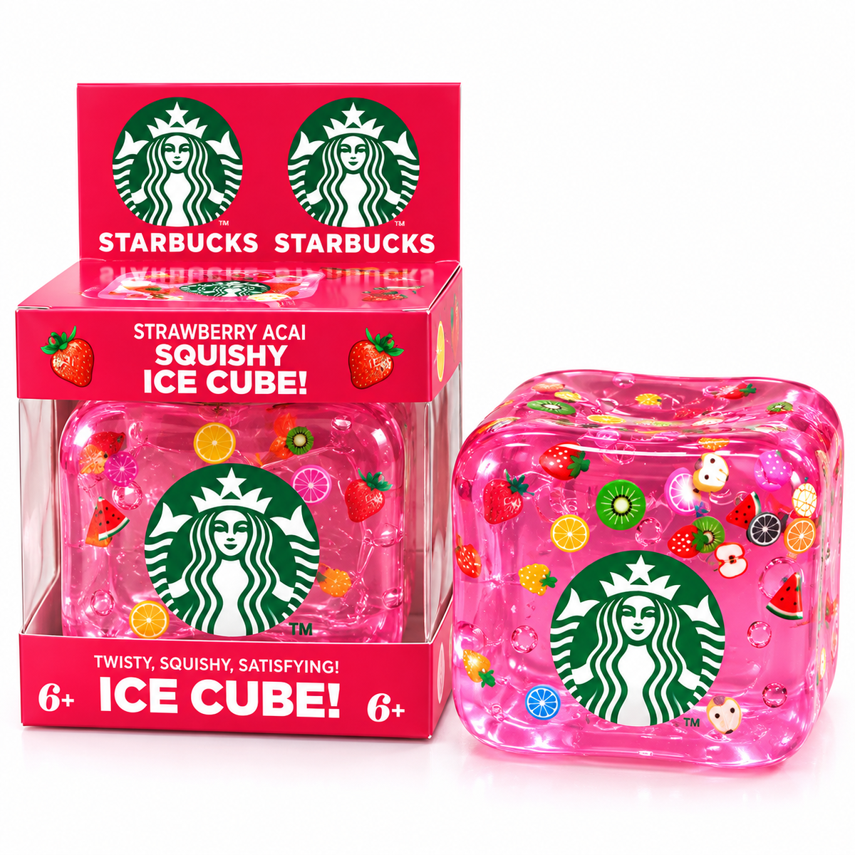 NeeDoh Starbucks Strawberry Açaí Nice Cube Squishy Sensory Stress Toy | Soft Squeeze Fidget Ice Cube for Kids & Adults | Assorted Colours – Random 1 Piece