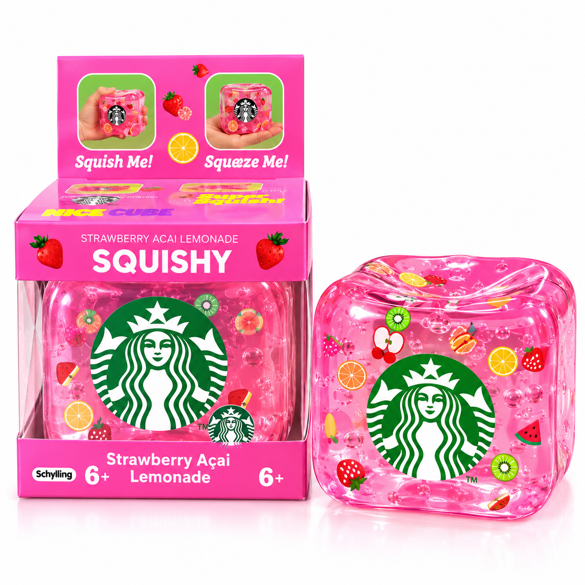 NeeDoh Starbucks Strawberry Açaí Nice Cube Squishy Sensory Stress Toy | Soft Squeeze Fidget Ice Cube for Kids & Adults | Assorted Colours – Random 1 Piece