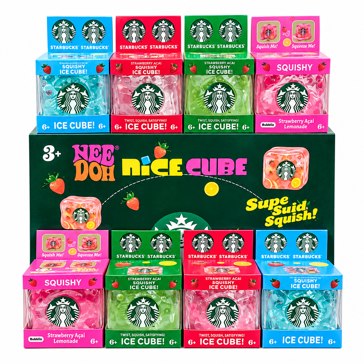 NeeDoh Starbucks Strawberry Açaí Nice Cube Squishy Sensory Stress Toy | Soft Squeeze Fidget Ice Cube for Kids & Adults | Assorted Colours – Random 1 Piece