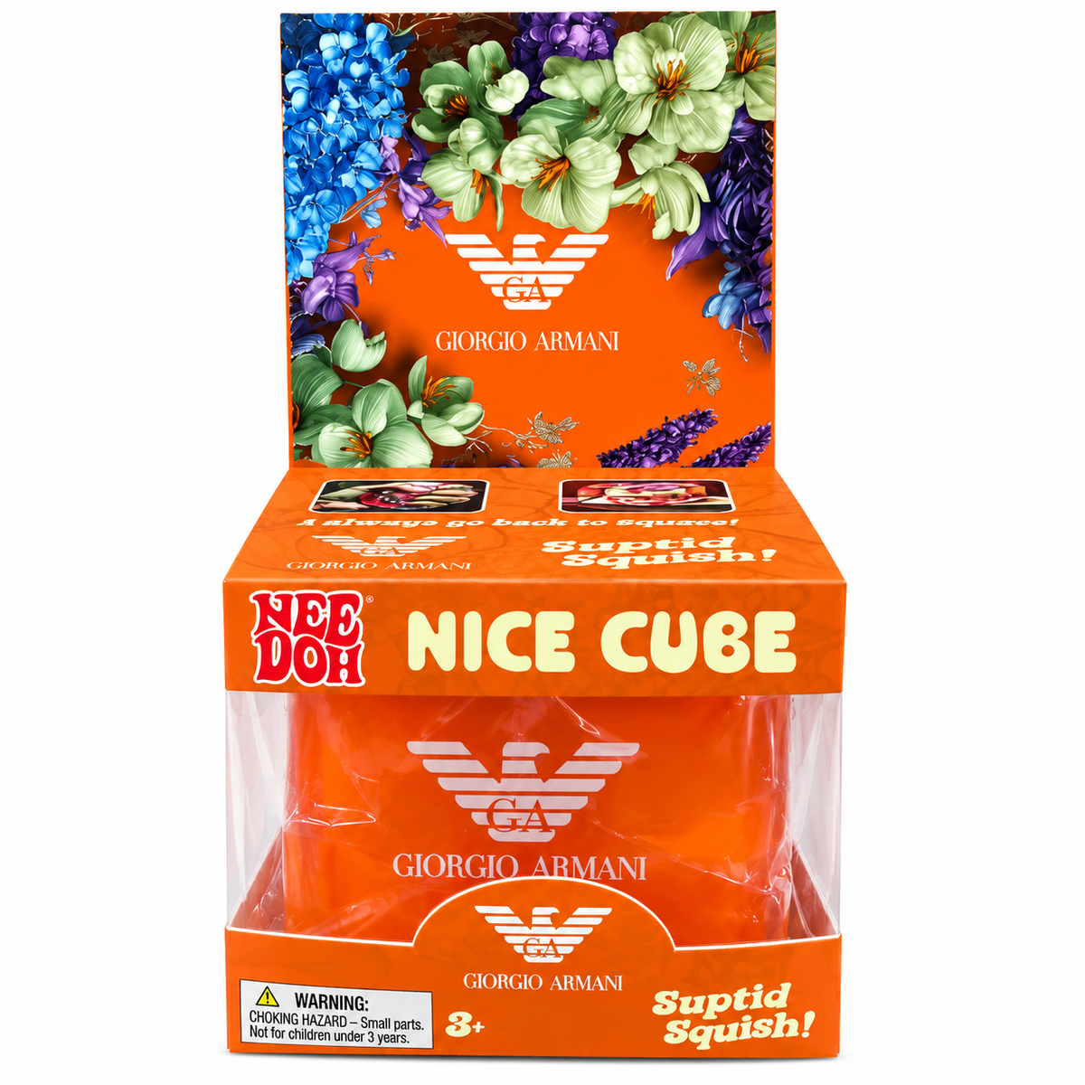NeeDoh Nice Cube Giorgio Armani Orange Squishy Toy | Soft Squeeze Stress Relief Sensory Fidget Toy for Kids & Adults | Collectible Squish Toy with Premium Designer-Inspired Floral Gift Packaging