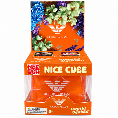 NeeDoh Nice Cube Giorgio Armani Orange Squishy Toy | Soft Squeeze Stress Relief Sensory Fidget Toy for Kids & Adults | Collectible Squish Toy with Premium Designer-Inspired Floral Gift Packaging