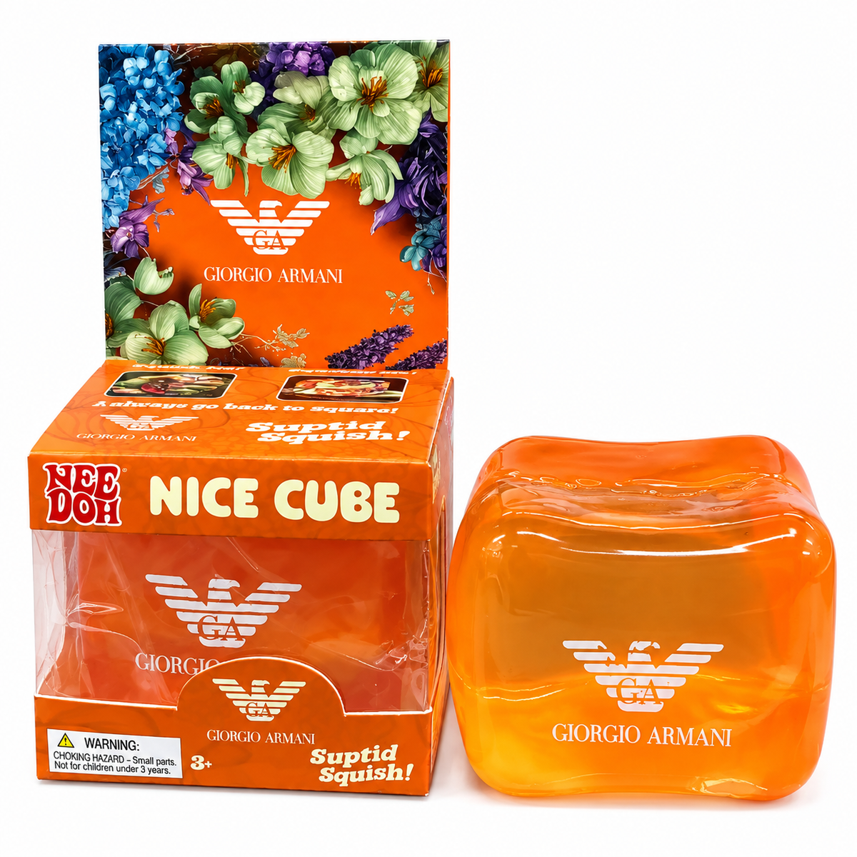 NeeDoh Nice Cube Giorgio Armani Orange Squishy Toy | Soft Squeeze Stress Relief Sensory Fidget Toy for Kids & Adults | Collectible Squish Toy with Premium Designer-Inspired Floral Gift Packaging