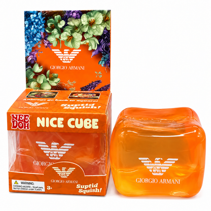 NeeDoh Nice Cube Giorgio Armani Orange Squishy Toy | Soft Squeeze Stress Relief Sensory Fidget Toy for Kids & Adults | Collectible Squish Toy with Premium Designer-Inspired Floral Gift Packaging