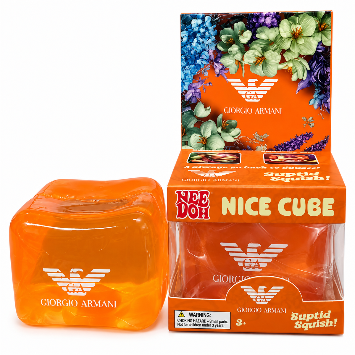 NeeDoh Nice Cube Giorgio Armani Orange Squishy Toy | Soft Squeeze Stress Relief Sensory Fidget Toy for Kids & Adults | Collectible Squish Toy with Premium Designer-Inspired Floral Gift Packaging