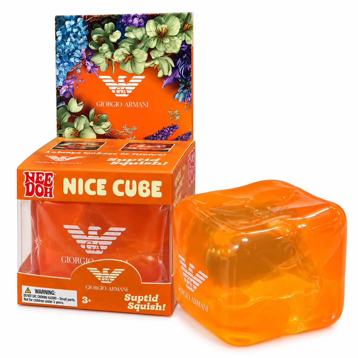 NeeDoh Nice Cube Giorgio Armani Orange Squishy Toy | Soft Squeeze Stress Relief Sensory Fidget Toy for Kids & Adults | Collectible Squish Toy with Premium Designer-Inspired Floral Gift Packaging
