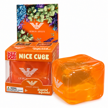 NeeDoh Nice Cube Giorgio Armani Orange Squishy Toy | Soft Squeeze Stress Relief Sensory Fidget Toy for Kids & Adults | Collectible Squish Toy with Premium Designer-Inspired Floral Gift Packaging