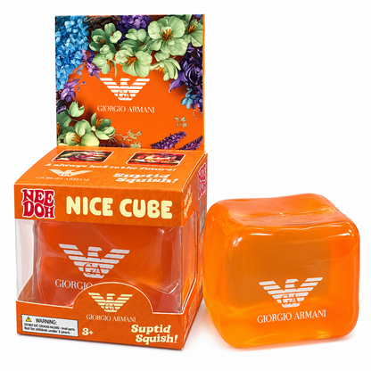 NeeDoh Nice Cube Giorgio Armani Orange Squishy Toy | Soft Squeeze Stress Relief Sensory Fidget Toy for Kids & Adults | Collectible Squish Toy with Premium Designer-Inspired Floral Gift Packaging