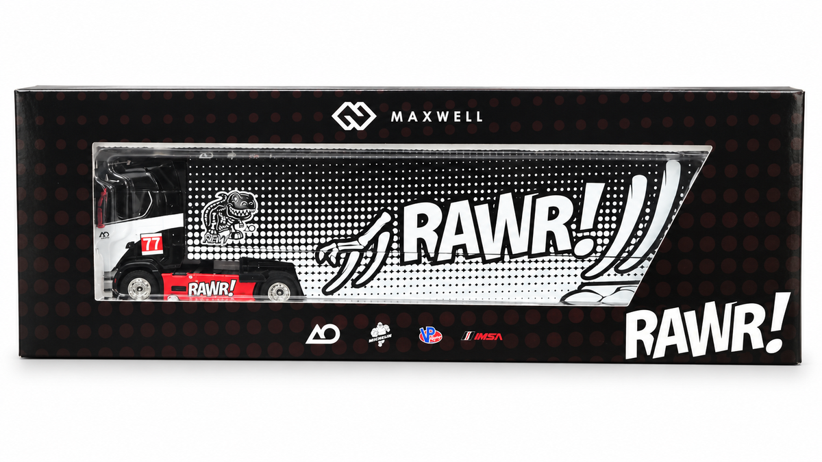 Maxwell 1:64 Scania S730 RAWR! Racing Team #77 Enclosed Transporter Truck Diecast Model – Black, White & Red