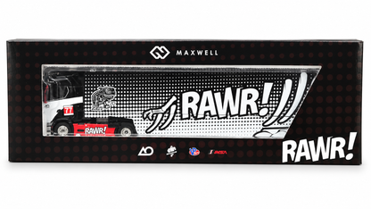 Maxwell 1:64 Scania S730 RAWR! Racing Team #77 Enclosed Transporter Truck Diecast Model – Black, White & Red
