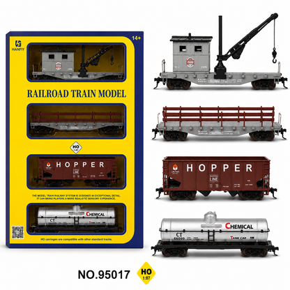 HANFIY 95017 HO Scale 1:87 Railroad Freight Train Model 4-Car Set – Crane Car, Flat Car, Hopper & Chemical Tank Car | 14+