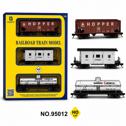 HANFIY 95012 HO Scale 1:87 Railroad Freight Train Model 3-Car Set – Hopper, HF&MX Rail Car & Chemical Tank Car | Collector Model | 14+