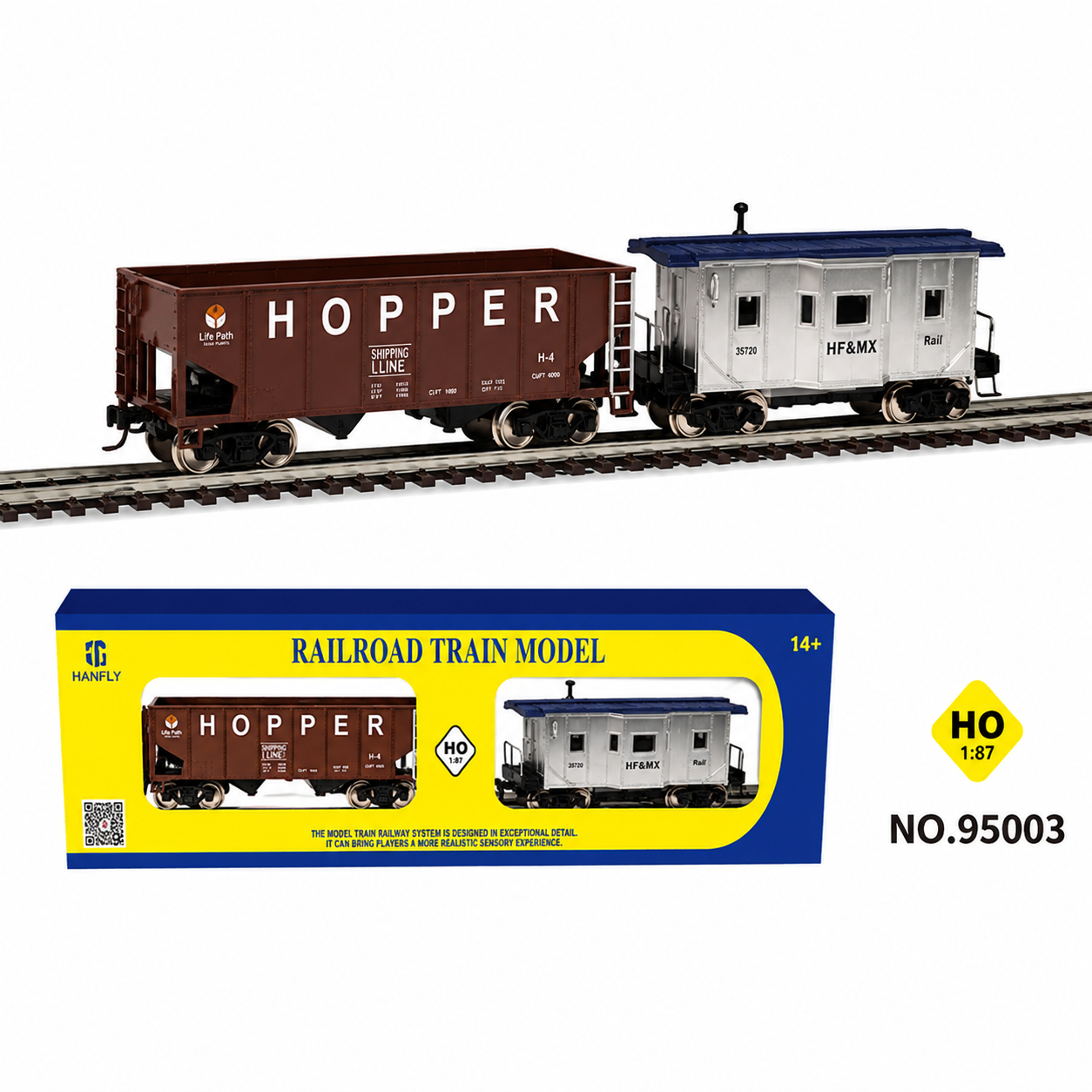 HANFIY 95003 HO Scale 1:87 Railroad Train Model 2-Piece Freight Wagon Set – HF&MX 35720 & Hopper Car, 14+