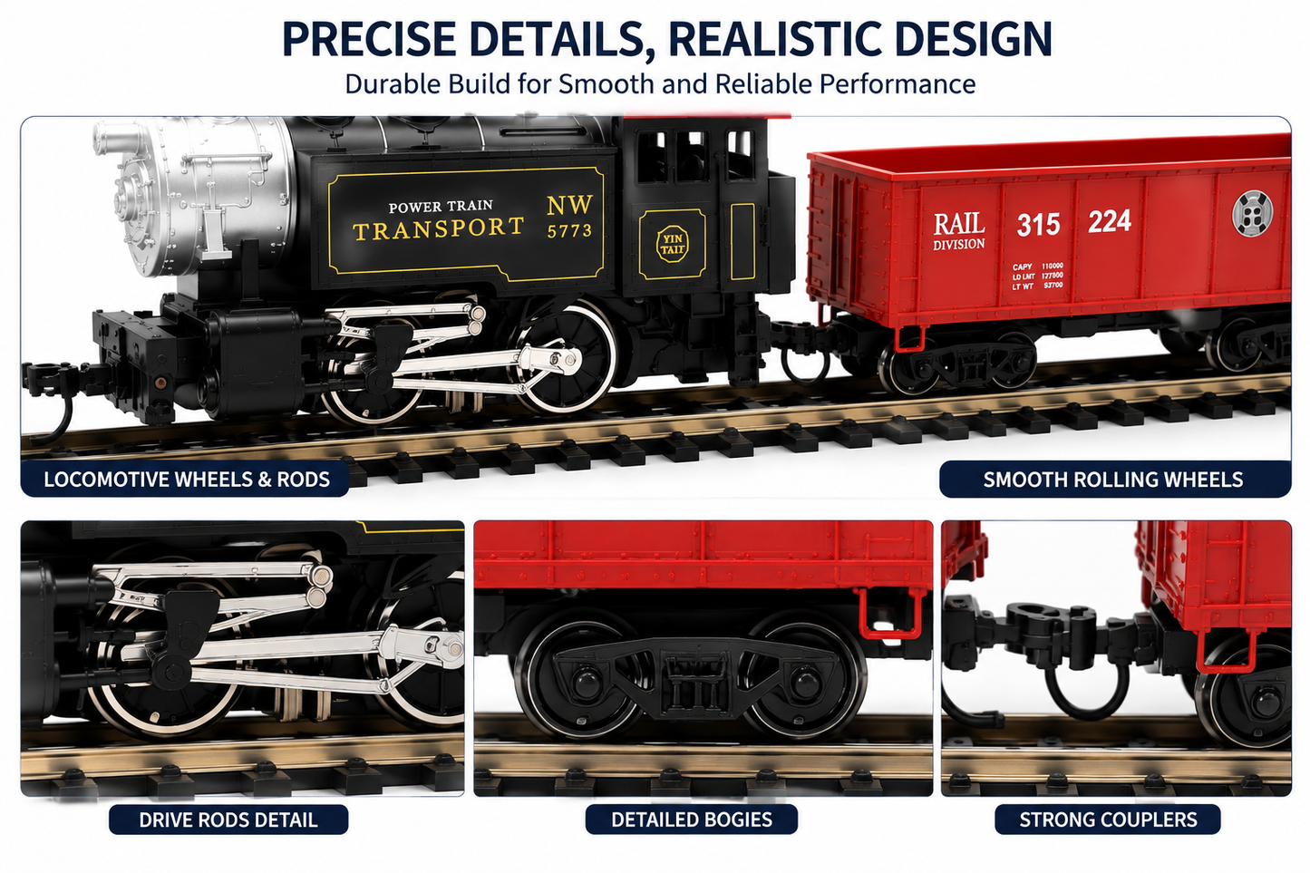 HANFIY 66100 HO Scale 1:87 Electric Railway Train Set with Steam Locomotive, 2 Freight Cars, Metal Track & Controller | 96 cm Track | 14+