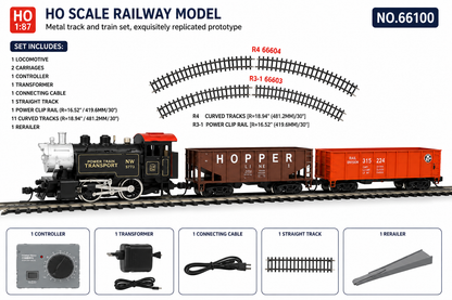 HANFIY 66100 HO Scale 1:87 Electric Railway Train Set with Steam Locomotive, 2 Freight Cars, Metal Track & Controller | 96 cm Track | 14+