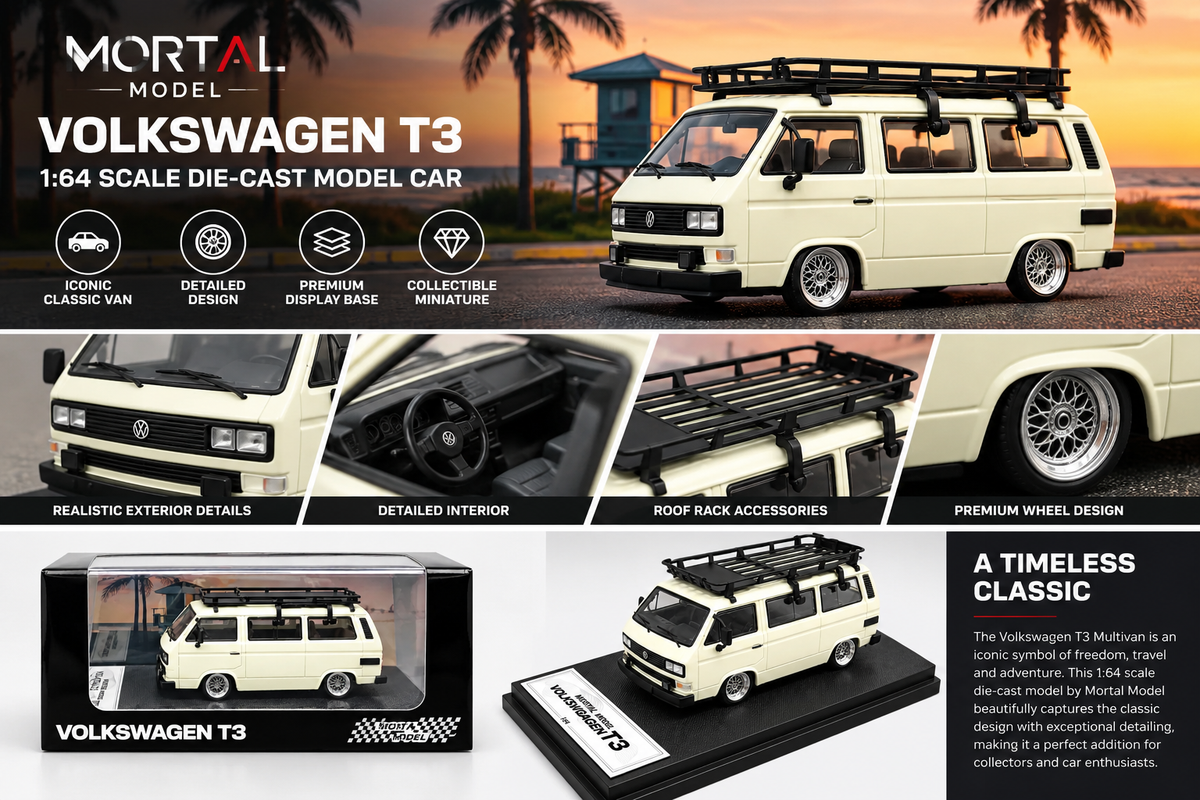 Mortal Model 1:64 Volkswagen T3 Multivan Die-Cast Model Car with Roof Rack, Detailed Interior, Accessories & Premium Display Base – Cream Collectible Miniature Van - details 1