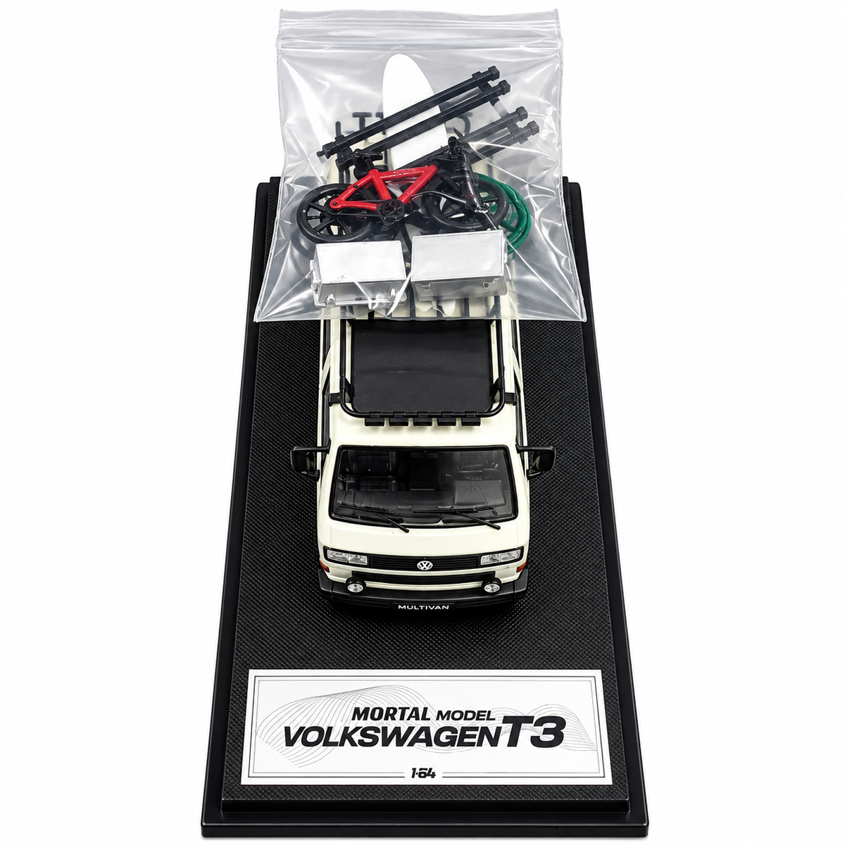 Mortal Model 1:64 Volkswagen T3 Multivan Die-Cast Model Car with Roof Rack, Detailed Interior, Accessories & Premium Display Base – Cream Collectible Miniature Van