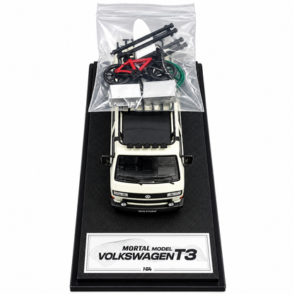 Mortal Model 1:64 Volkswagen T3 Multivan Die-Cast Model Car with Roof Rack, Detailed Interior, Accessories & Premium Display Base – Cream Collectible Miniature Van