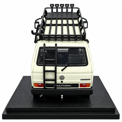 Mortal Model 1:64 Volkswagen T3 Multivan Die-Cast Model Car with Roof Rack, Detailed Interior, Accessories & Premium Display Base – Cream Collectible Miniature Van