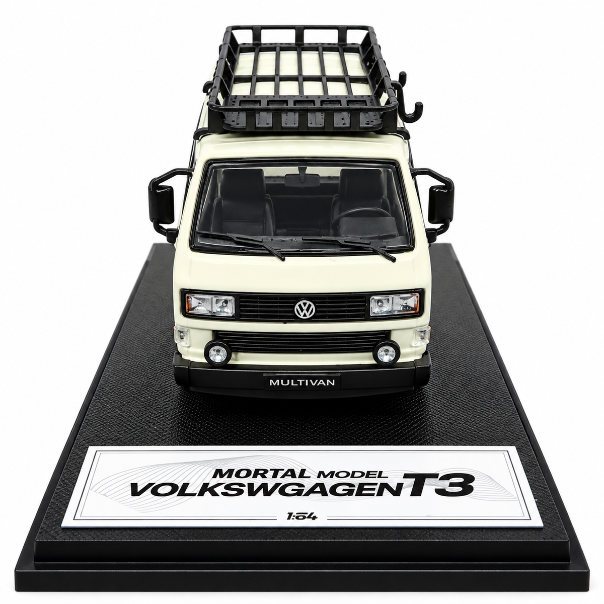 Mortal Model 1:64 Volkswagen T3 Multivan Die-Cast Model Car with Roof Rack, Detailed Interior, Accessories & Premium Display Base – Cream Collectible Miniature Van