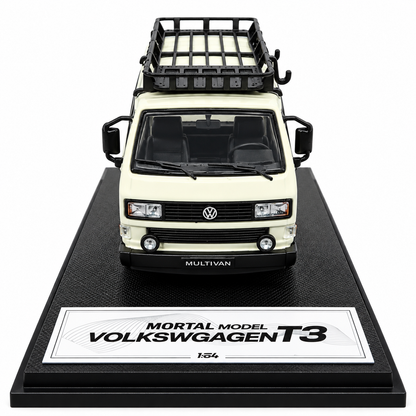 Mortal Model 1:64 Volkswagen T3 Multivan Die-Cast Model Car with Roof Rack, Detailed Interior, Accessories & Premium Display Base – Cream Collectible Miniature Van