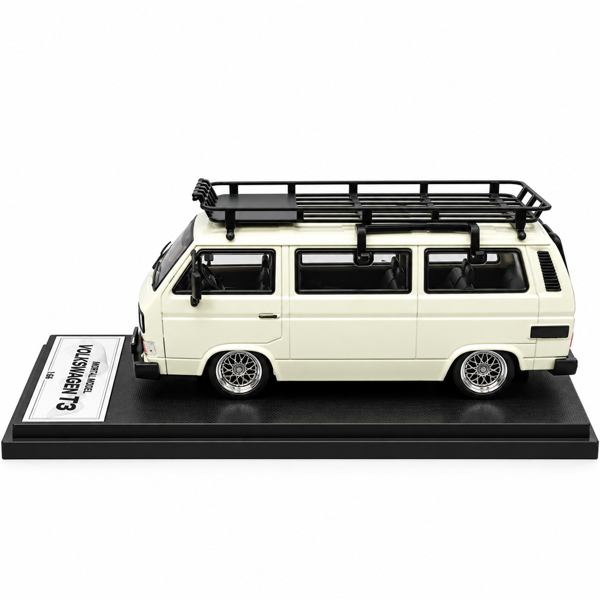 Mortal Model 1:64 Volkswagen T3 Multivan Die-Cast Model Car with Roof Rack, Detailed Interior, Accessories & Premium Display Base – Cream Collectible Miniature Van