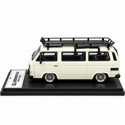 Mortal Model 1:64 Volkswagen T3 Multivan Die-Cast Model Car with Roof Rack, Detailed Interior, Accessories & Premium Display Base – Cream Collectible Miniature Van