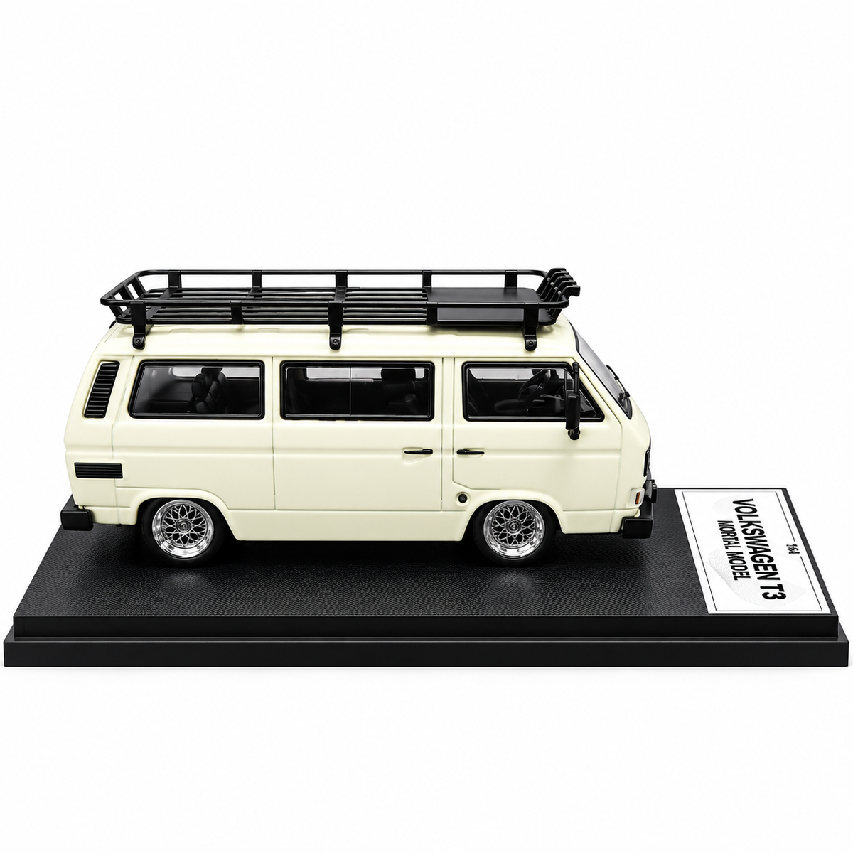 Mortal Model 1:64 Volkswagen T3 Multivan Die-Cast Model Car with Roof Rack, Detailed Interior, Accessories & Premium Display Base – Cream Collectible Miniature Van