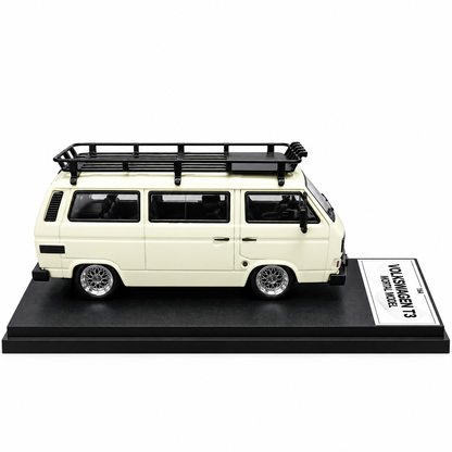 Mortal Model 1:64 Volkswagen T3 Multivan Die-Cast Model Car with Roof Rack, Detailed Interior, Accessories & Premium Display Base – Cream Collectible Miniature Van